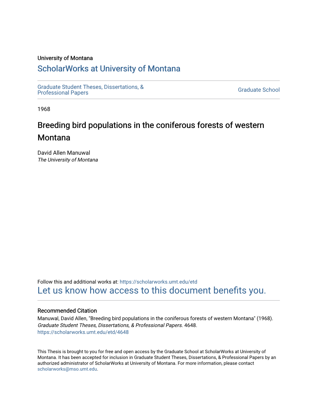 Breeding Bird Populations in the Coniferous Forests of Western Montana