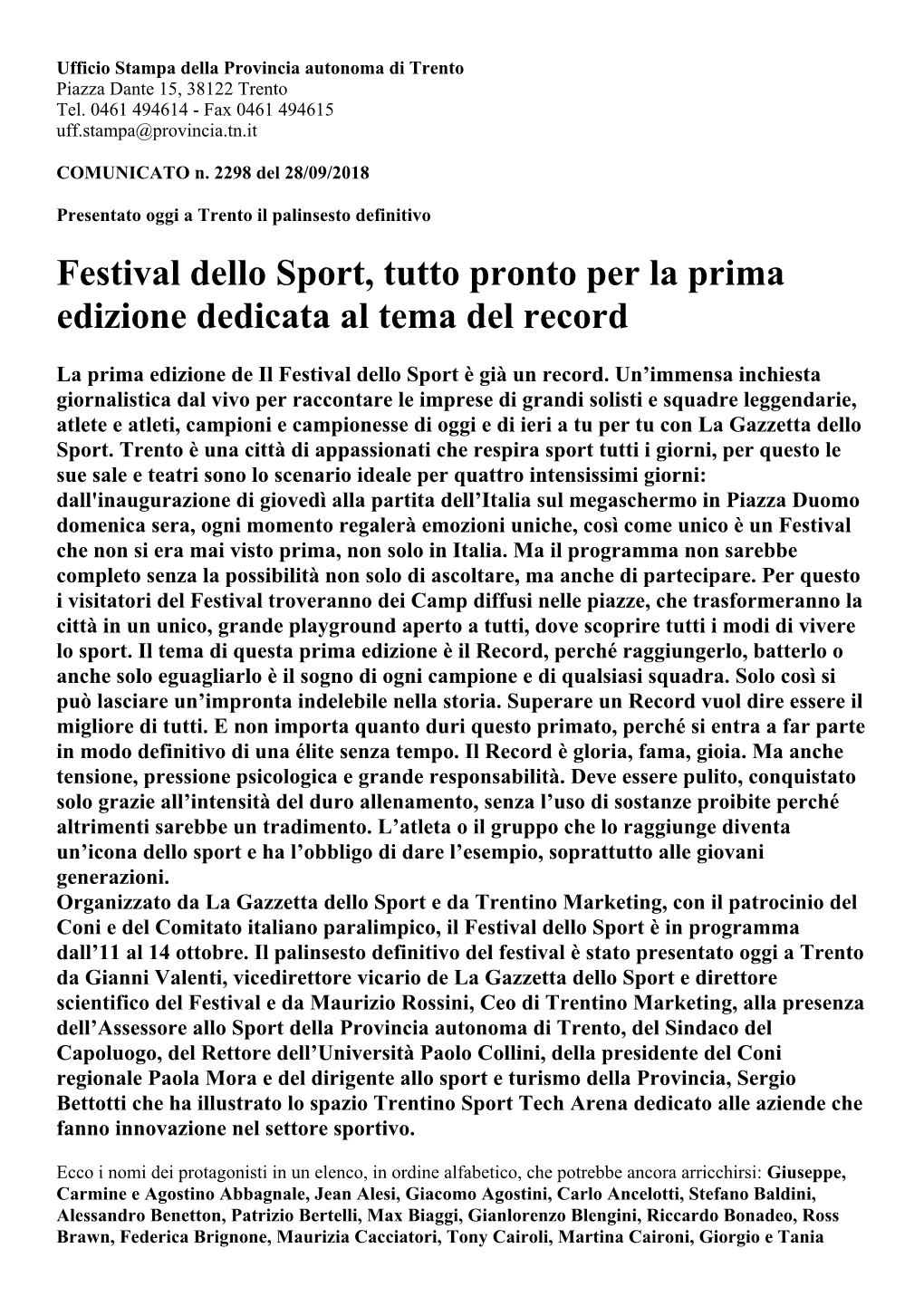 Festival Dello Sport, Tutto Pronto Per La Prima Edizione Dedicata Al Tema Del Record