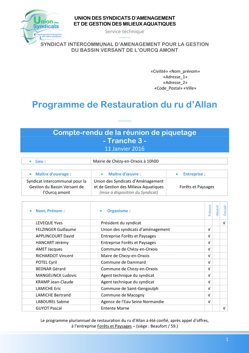 Programme De Restauration Du Ru D'allan