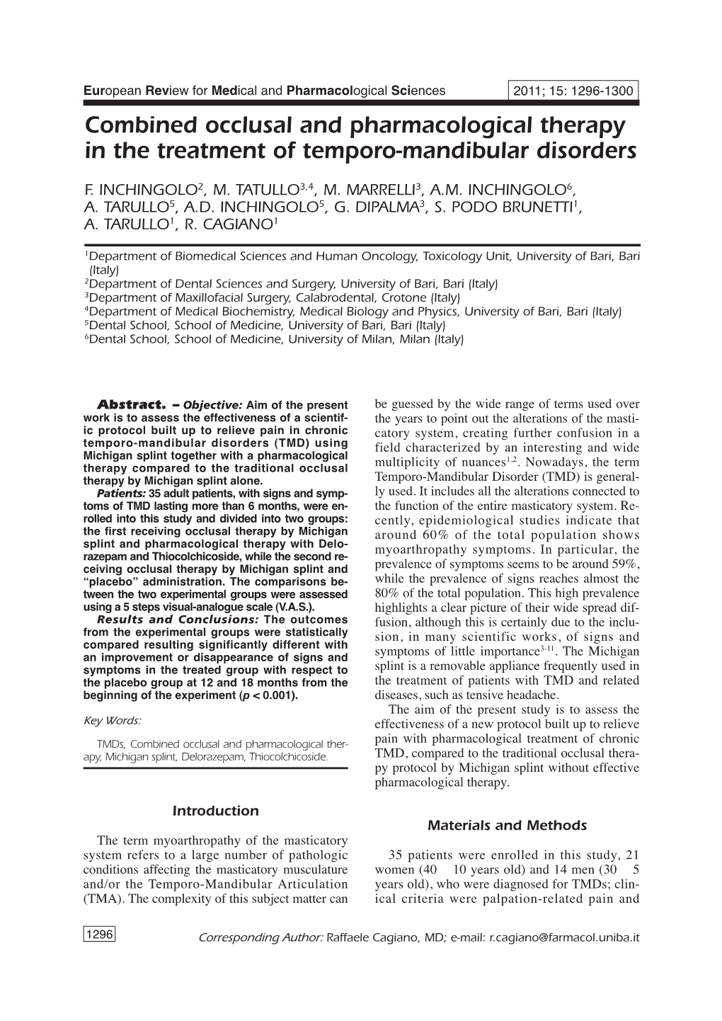 Combined Occlusal and Pharmacological Therapy in the Treatment of Temporo-Mandibular Disorders