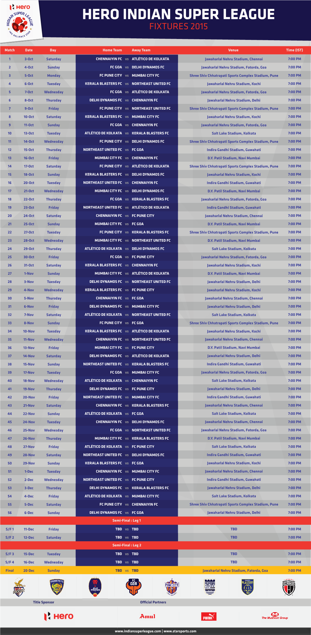 Hero Indian Super League Fixtures 2015