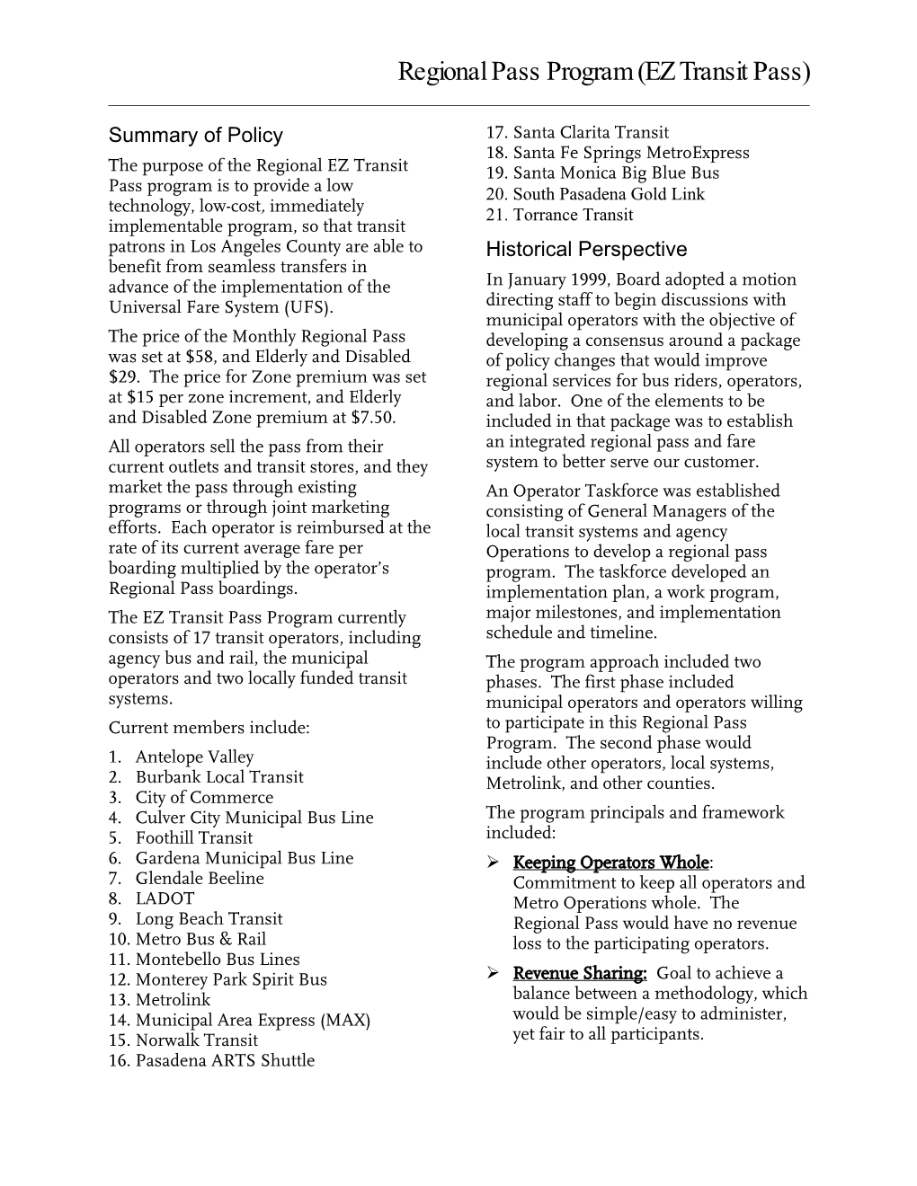 Regional Pass Program (EZ Transit Pass) ______Summary of Policy 17