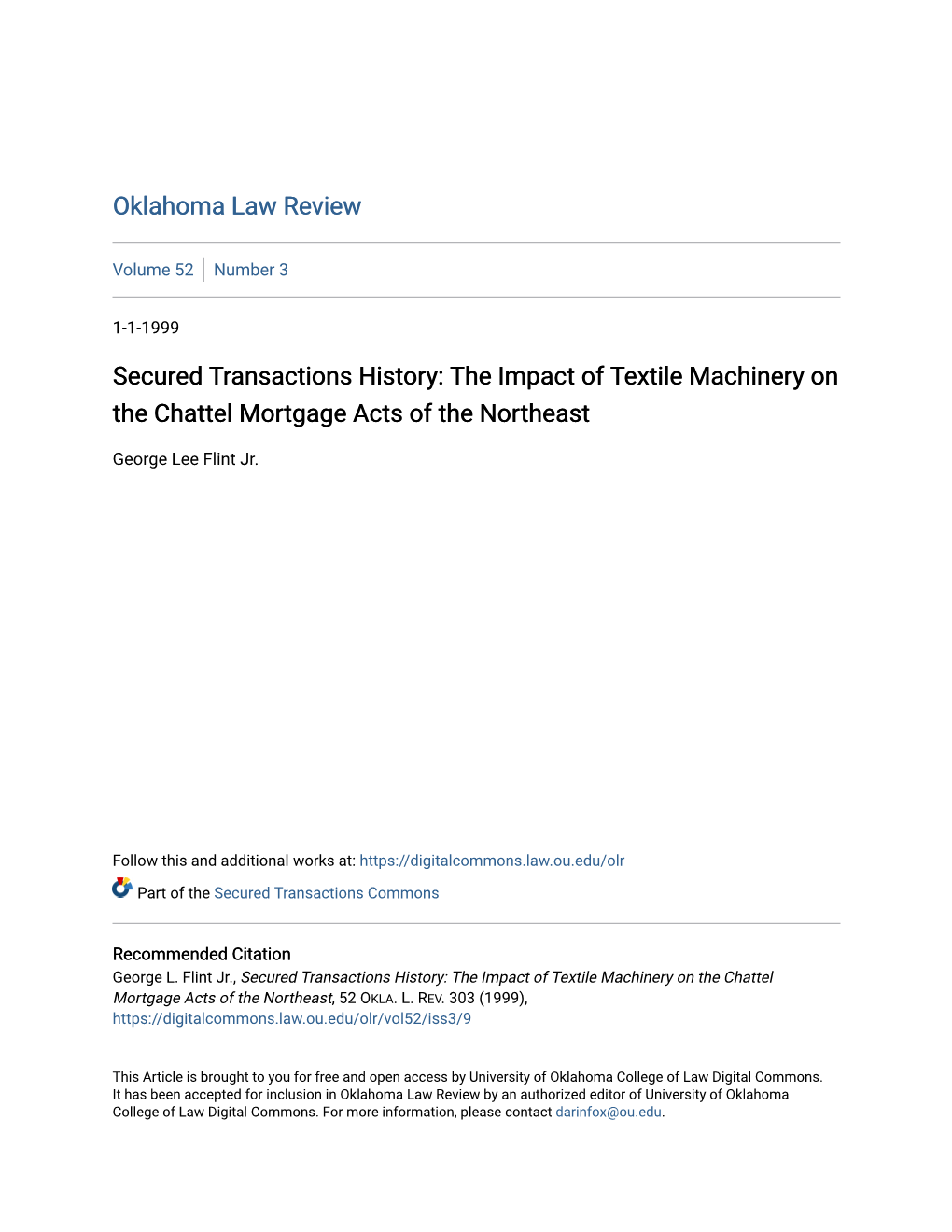 The Impact of Textile Machinery on the Chattel Mortgage Acts of the Northeast