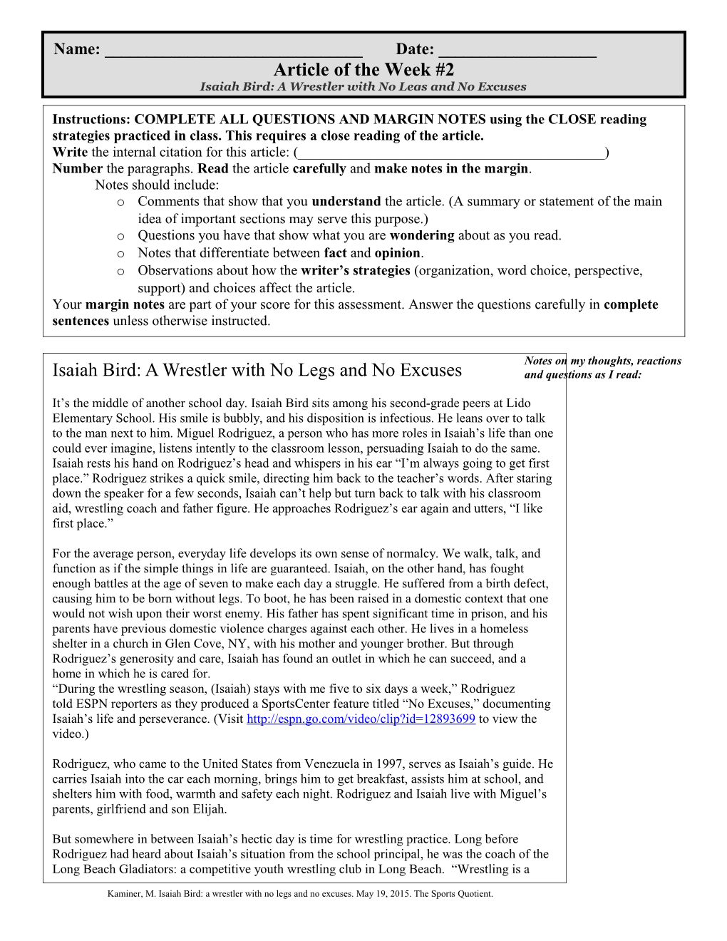 Article of the Week Rubric Total from Rubric: ______X 5 = ______