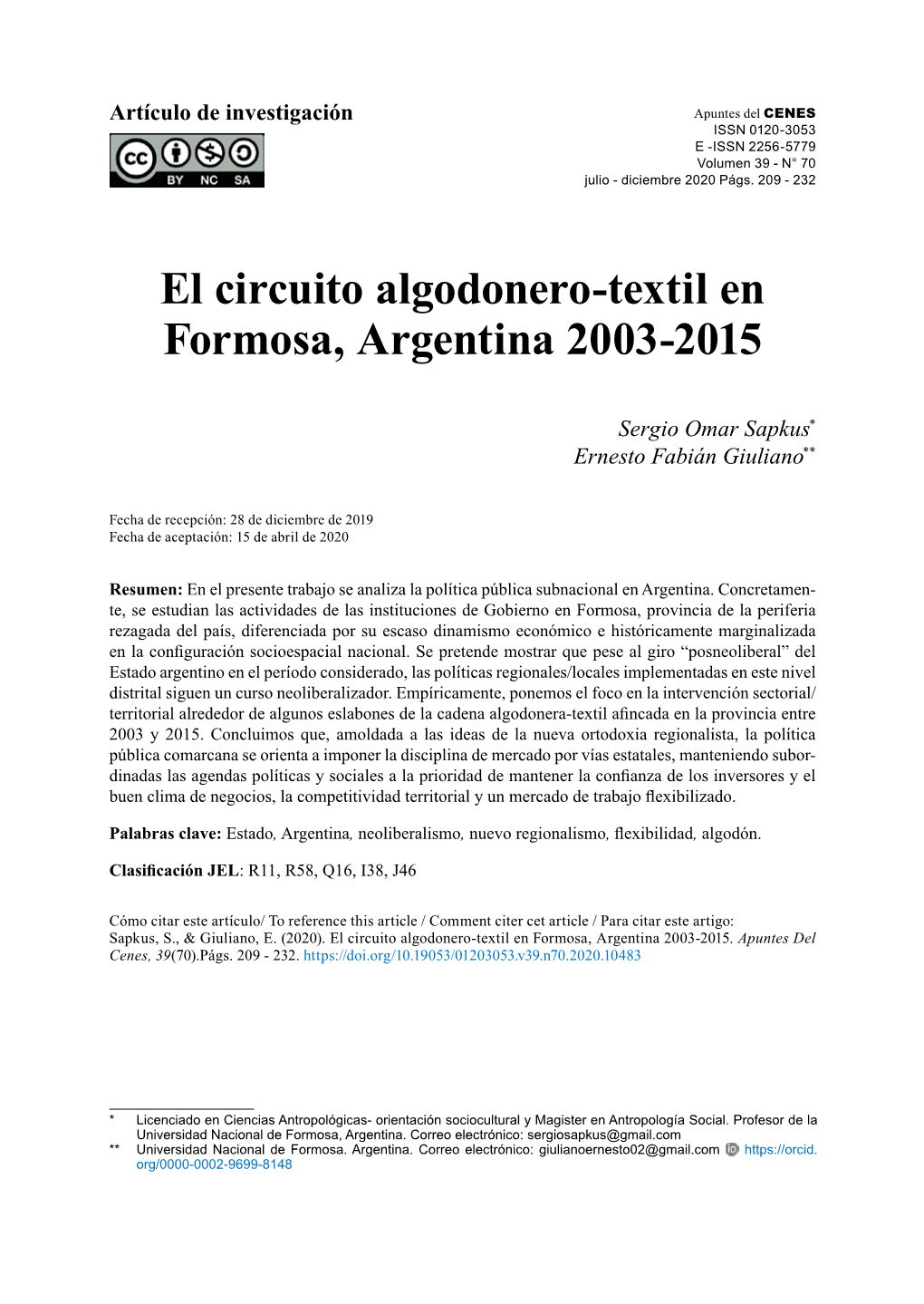 El Circuito Algodonero-Textil En Formosa, Argentina 2003-2015