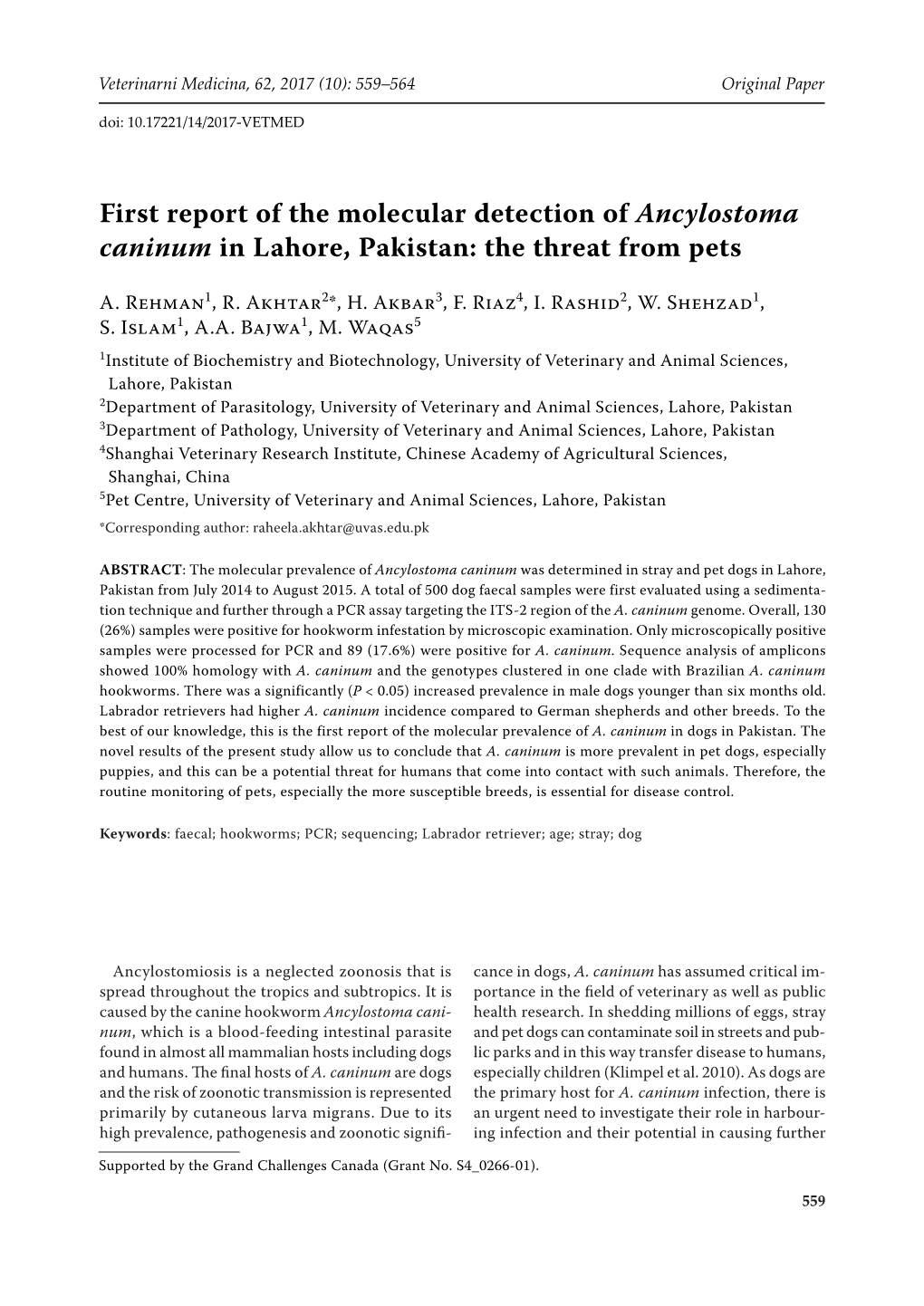 First Report of the Molecular Detection of Ancylostoma Caninum in Lahore, Pakistan: the Threat from Pets