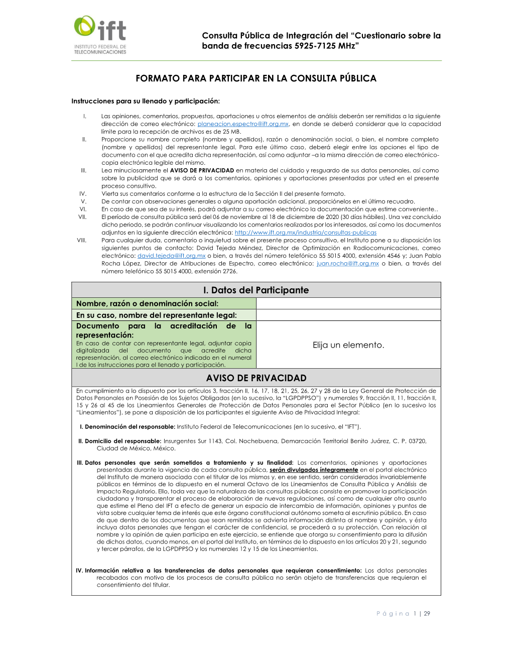 FORMATO PARA PARTICIPAR EN LA CONSULTA PÚBLICA I. Datos Del Participante AVISO DE PRIVACIDAD