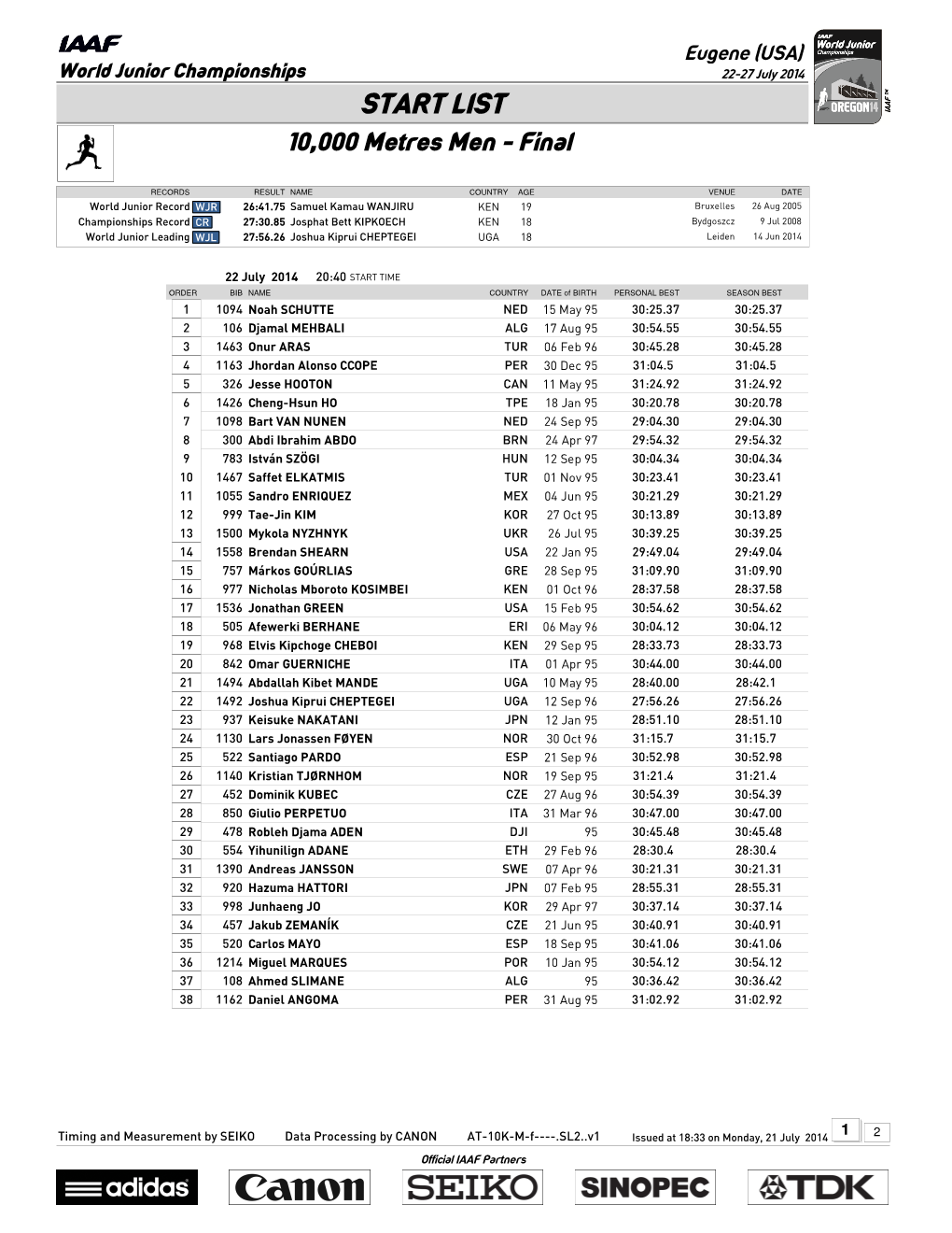 START LIST 10,000 Metres Men - Final