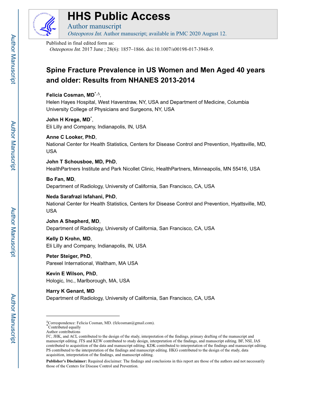 Spine Fracture Prevalence in US Women and Men Aged 40 Years and Older: Results from NHANES 2013-2014