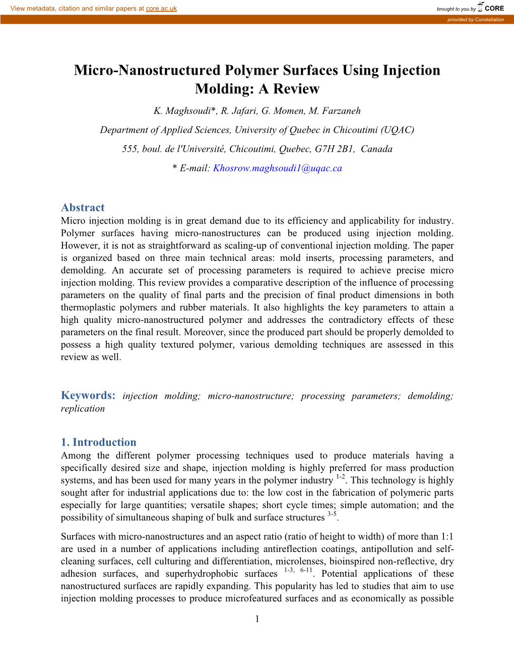 Micro-Nanostructured Polymer Surfaces Using Injection Molding: a Review K