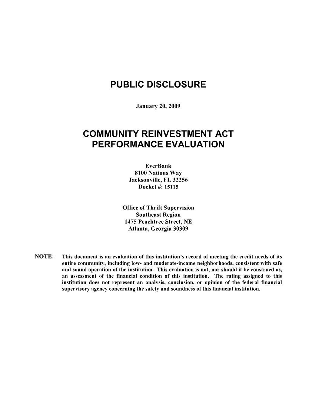 Public Disclosure Community Reinvestment Act Performance Evaluation