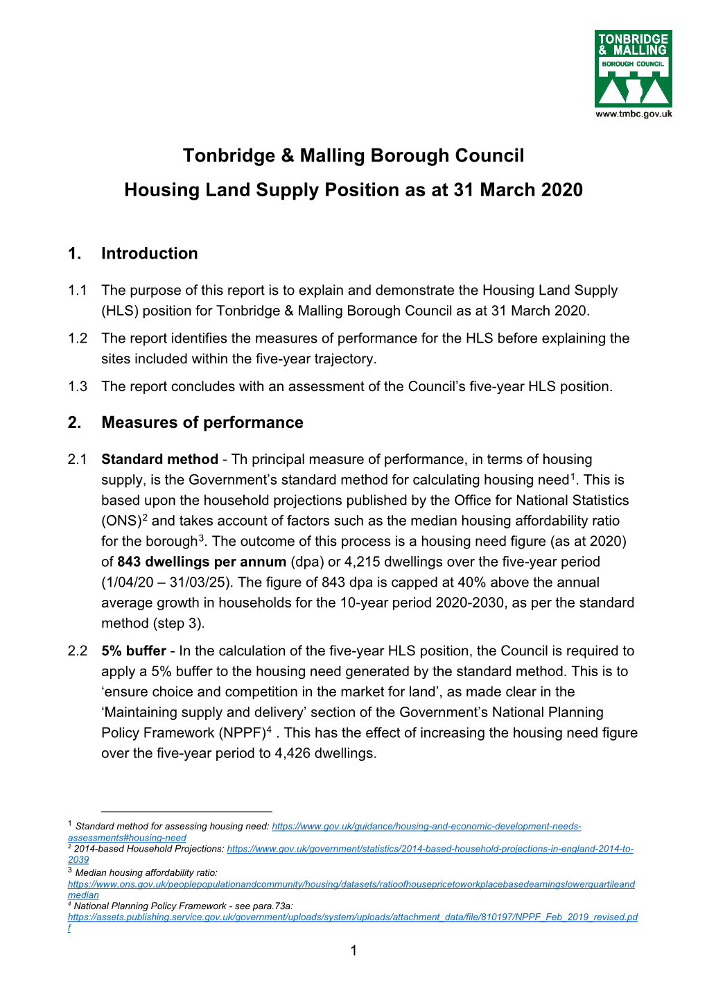 Tonbridge & Malling Borough Council Housing Land Supply Position As at 31 March 2020