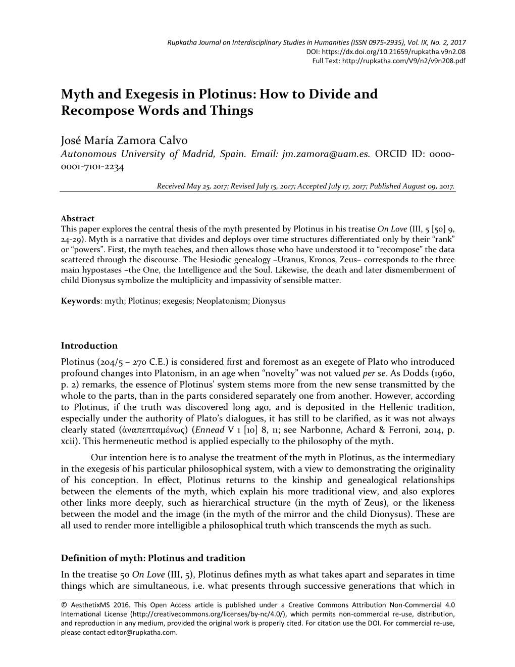 Myth and Exegesis in Plotinus: How to Divide and Recompose Words and Things