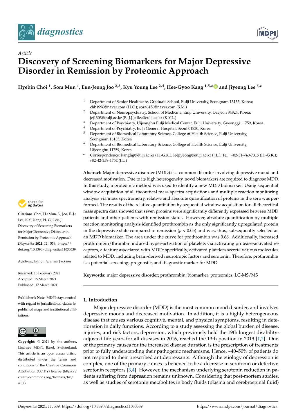 Discovery of Screening Biomarkers for Major Depressive Disorder in Remission by Proteomic Approach