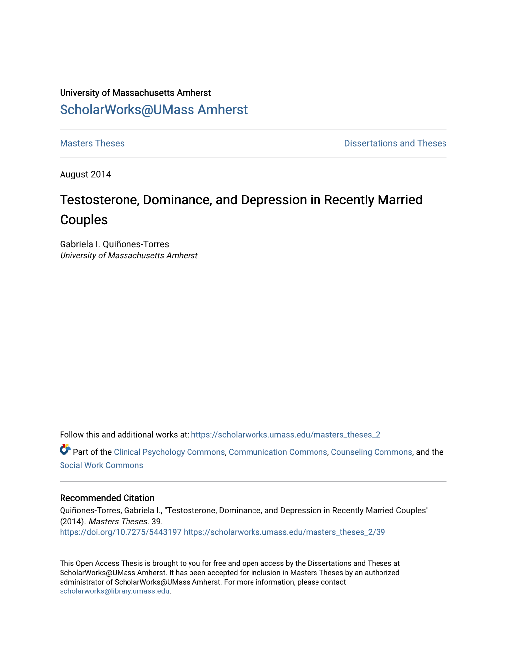 Testosterone, Dominance, and Depression in Recently Married Couples