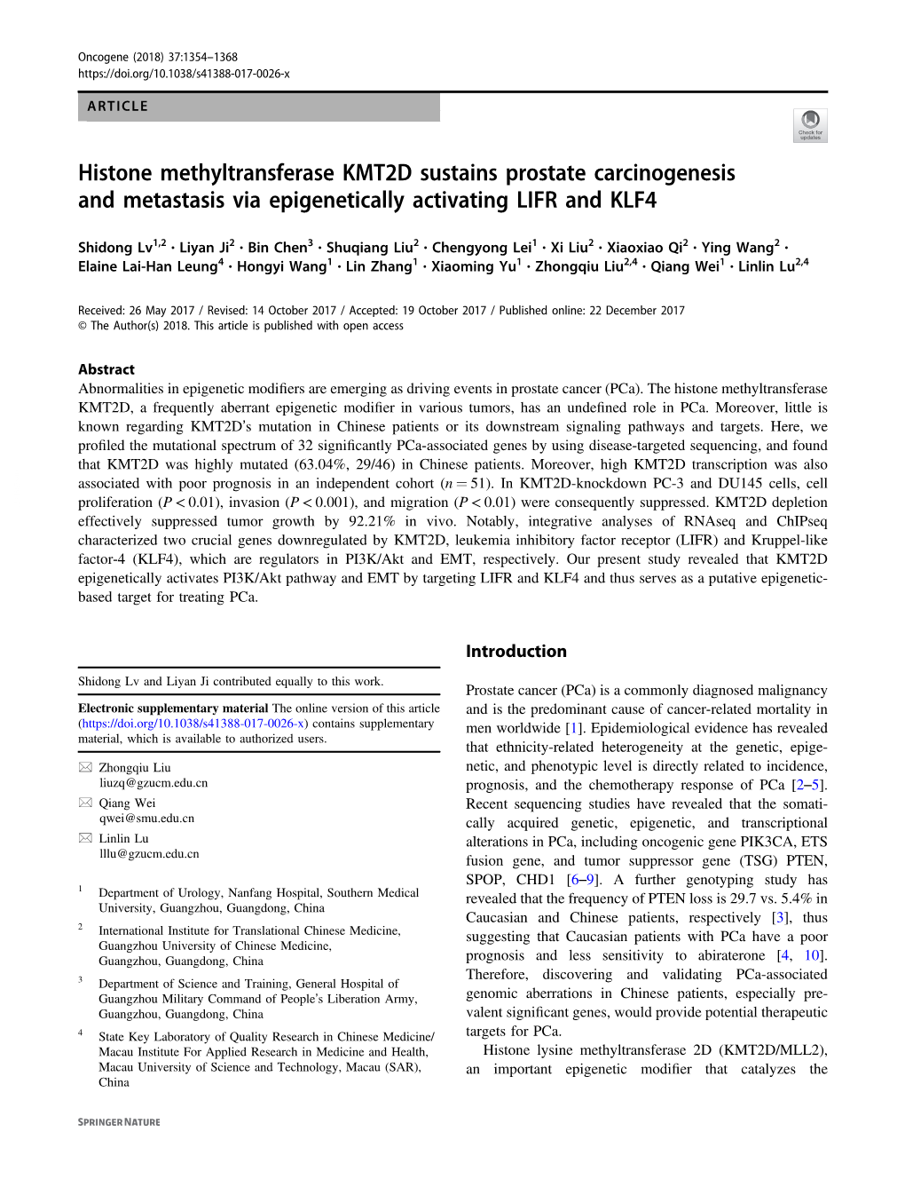 Histone Methyltransferase KMT2D Sustains Prostate Carcinogenesis and Metastasis Via Epigenetically Activating LIFR and KLF4