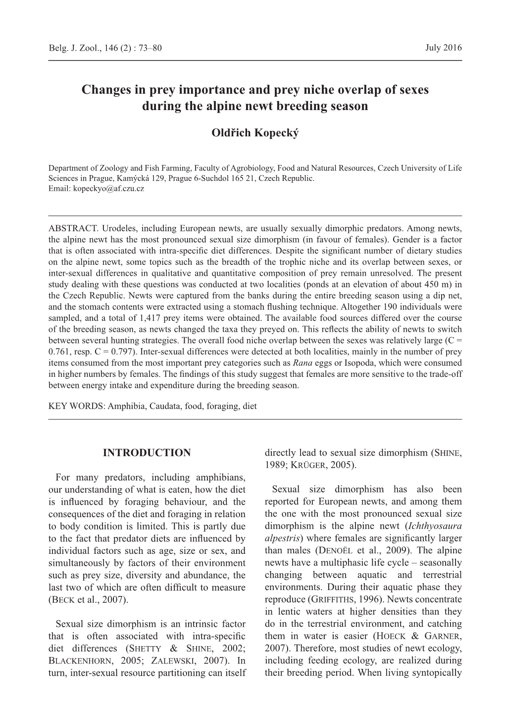 Changes in Prey Importance and Prey Niche Overlap of Sexes During the Alpine Newt Breeding Season