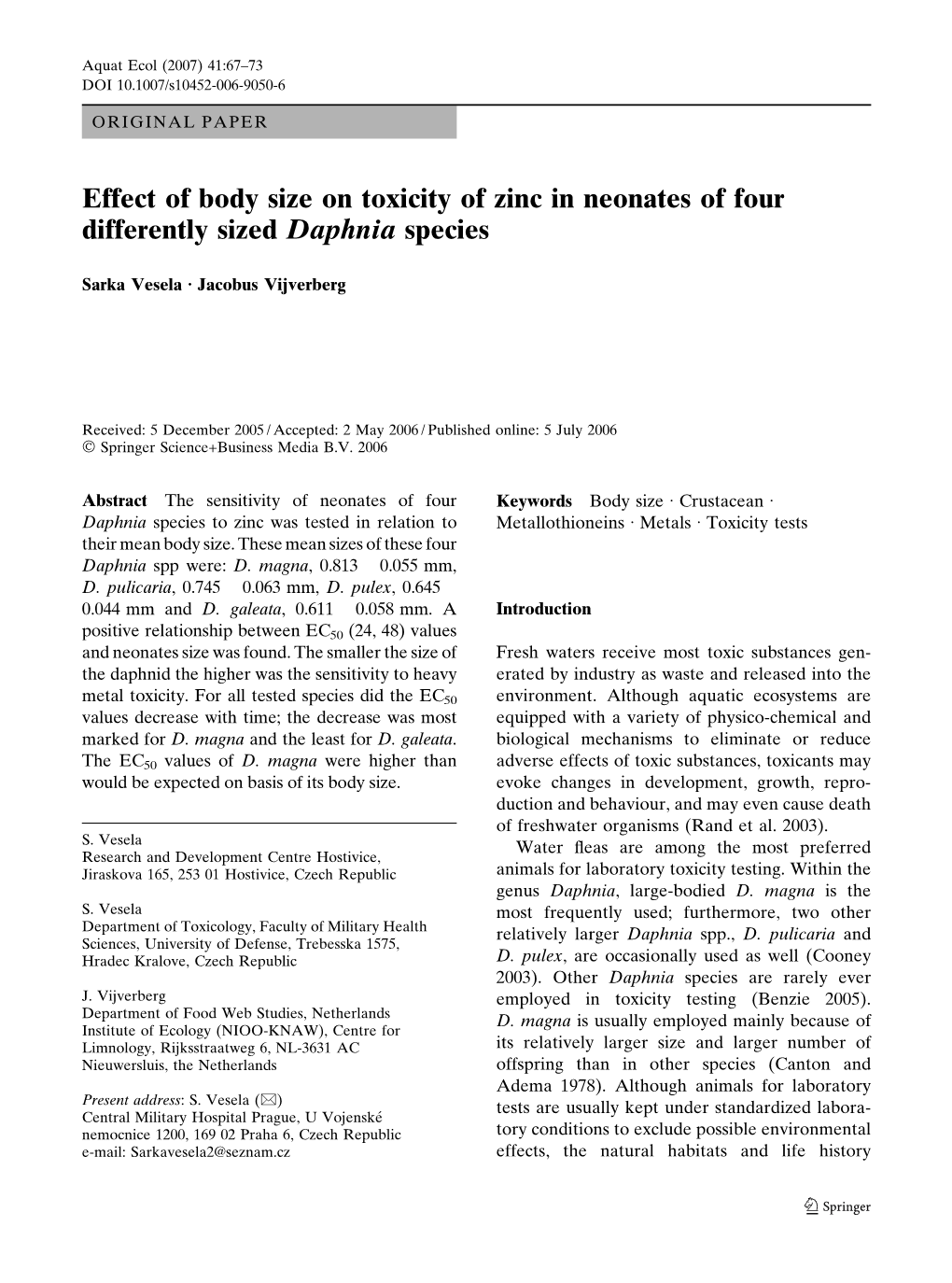 Effect of Body Size on Toxicity of Zinc in Neonates of Four Differently Sized Daphnia Species