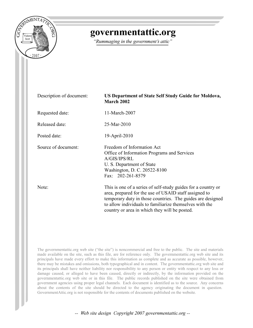 US Department of State Self Study Guide for Moldova, March 2002