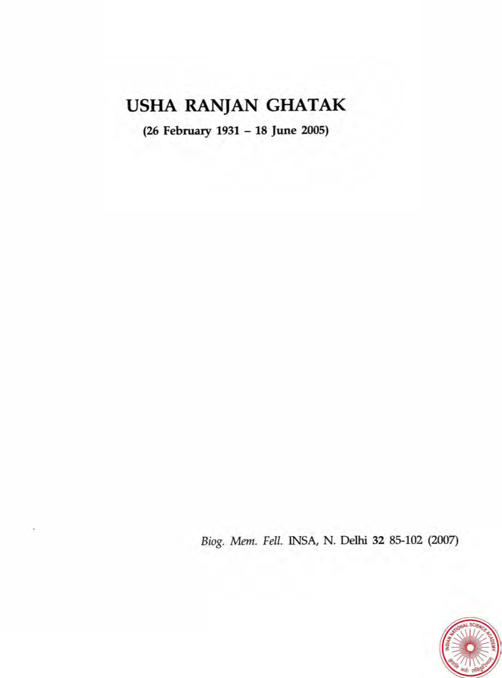 USHA RANJAN GHATAK (26 February 1931 - 18 June 2005)