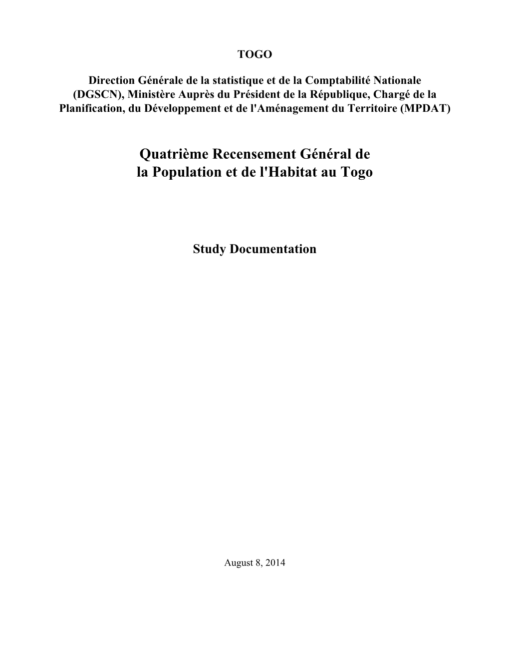 Quatrième Recensement Général De La Population Et De L'habitat Au Togo