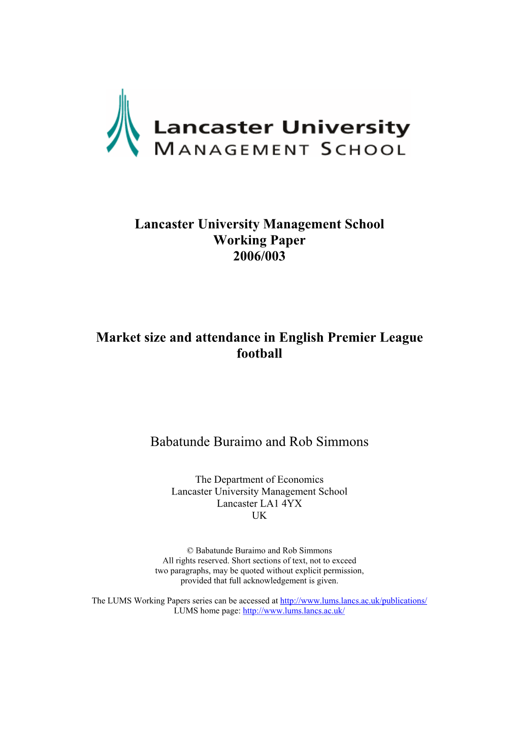 Market Size and Attendance in English Premier League Football