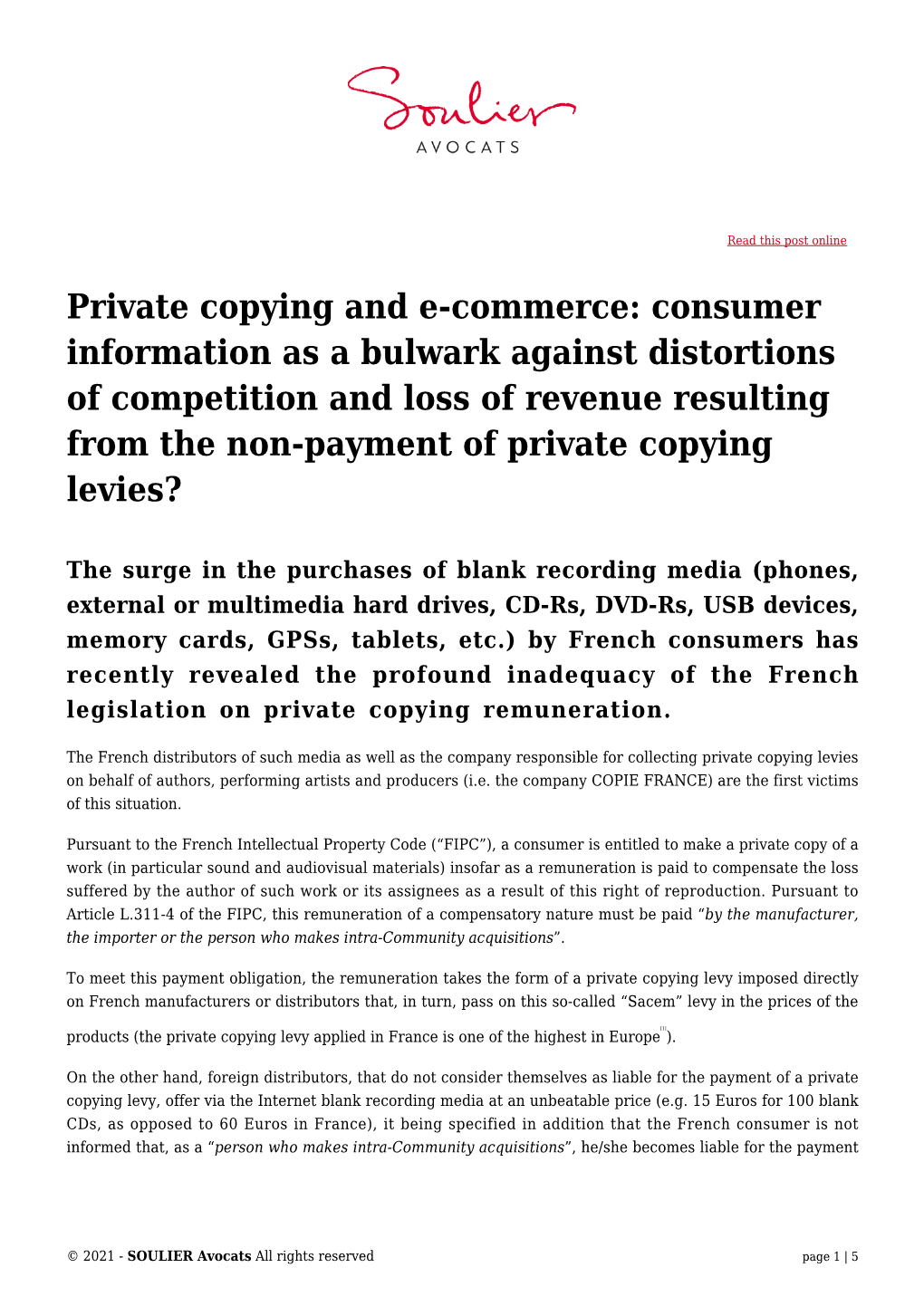 Private Copying and E-Commerce