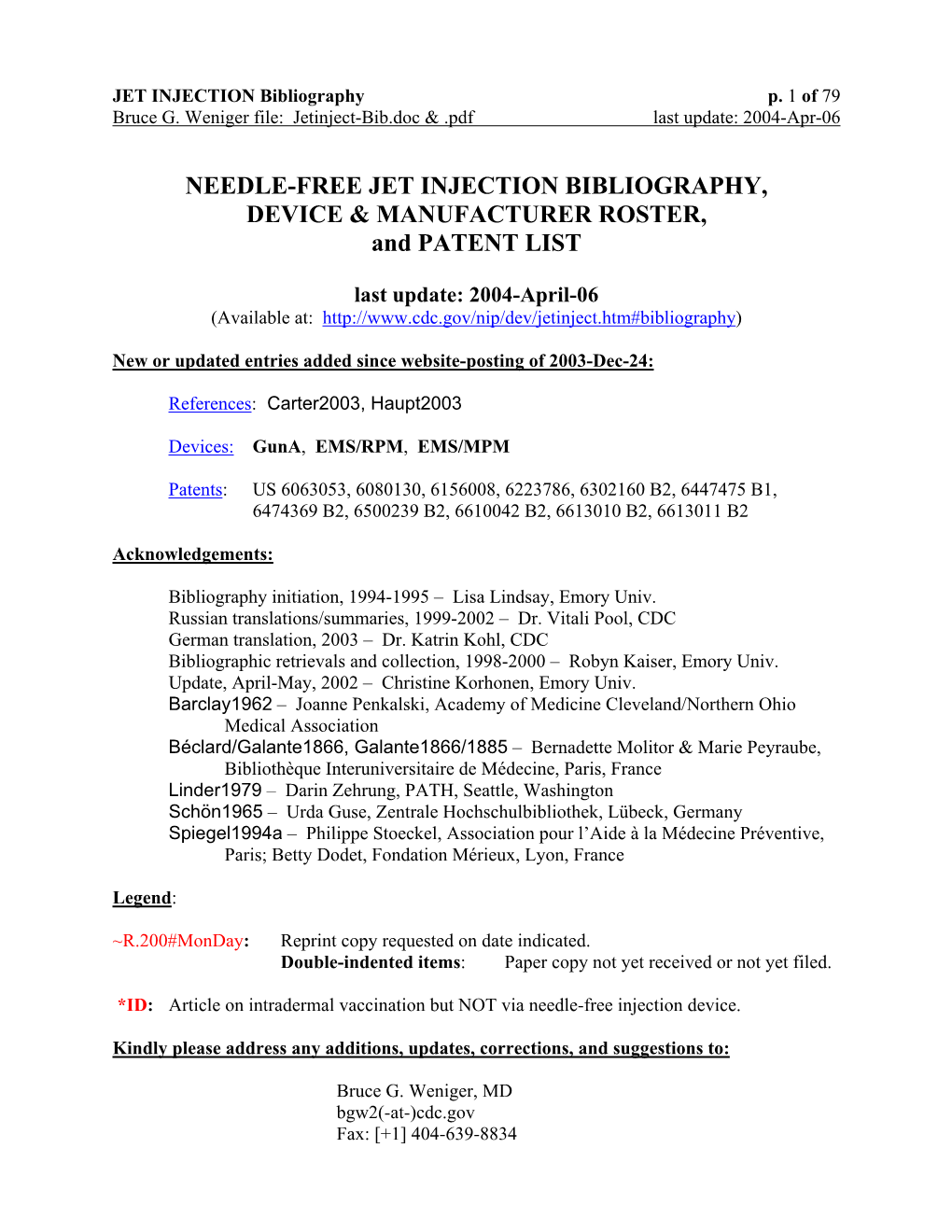 NEEDLE-FREE JET INJECTION BIBLIOGRAPHY, DEVICE & MANUFACTURER ROSTER, and PATENT LIST