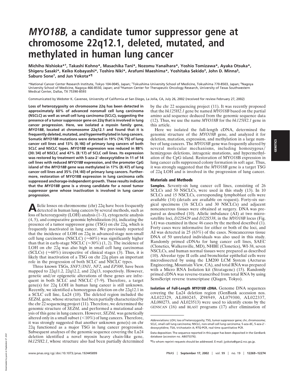 MYO18B, a Candidate Tumor Suppressor Gene at Chromosome 22Q12.1, Deleted, Mutated, and Methylated in Human Lung Cancer