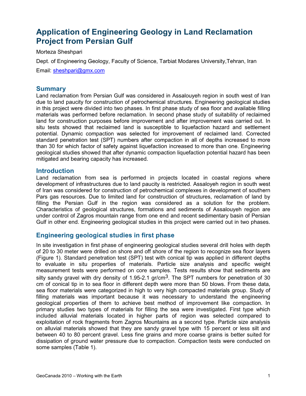 Application of Engineering Geology in Land Reclamation Project from Persian Gulf Morteza Sheshpari Dept