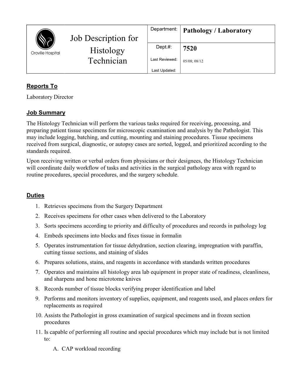 Job Description for Histology Technician