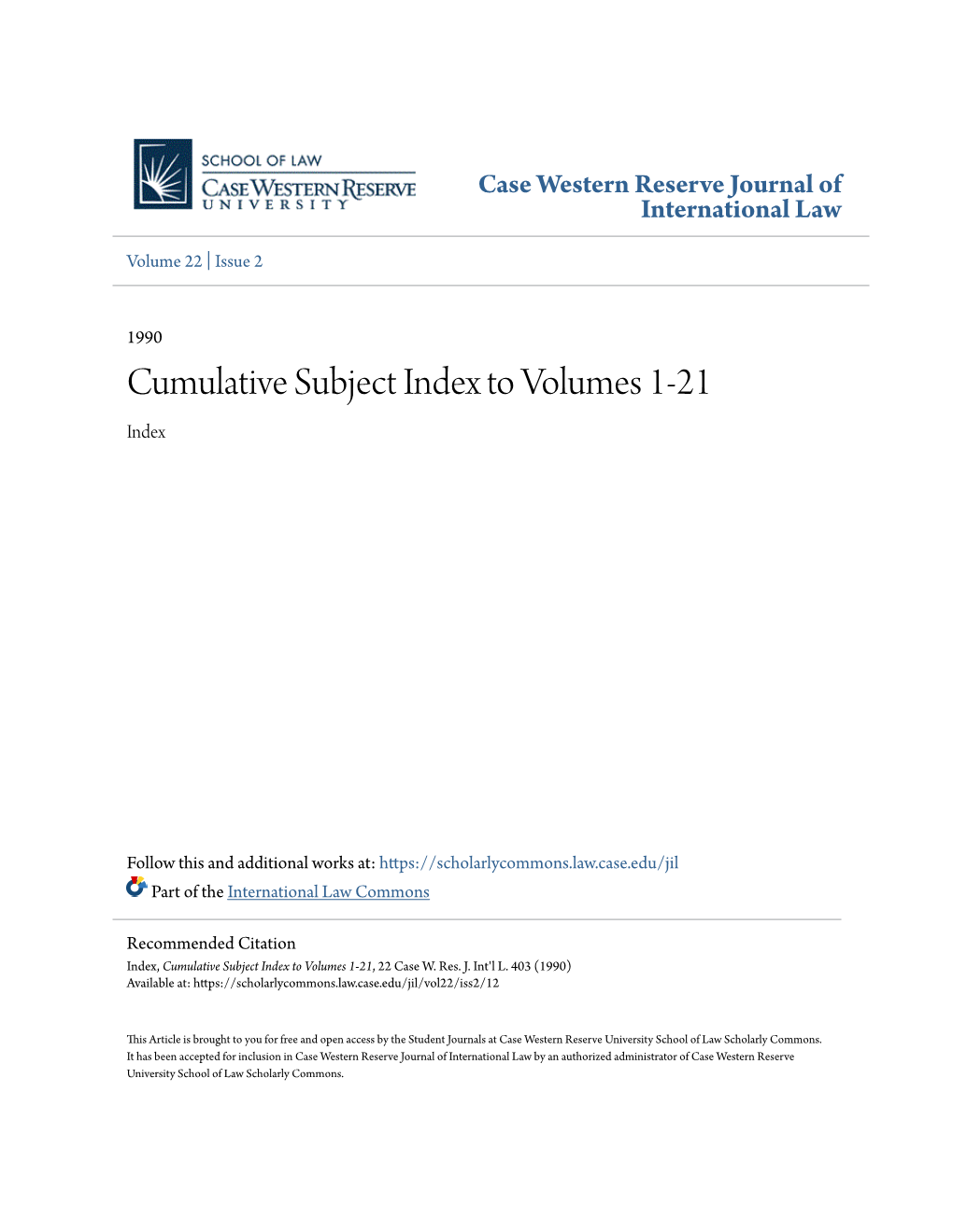 Cumulative Subject Index to Volumes 1-21 Index