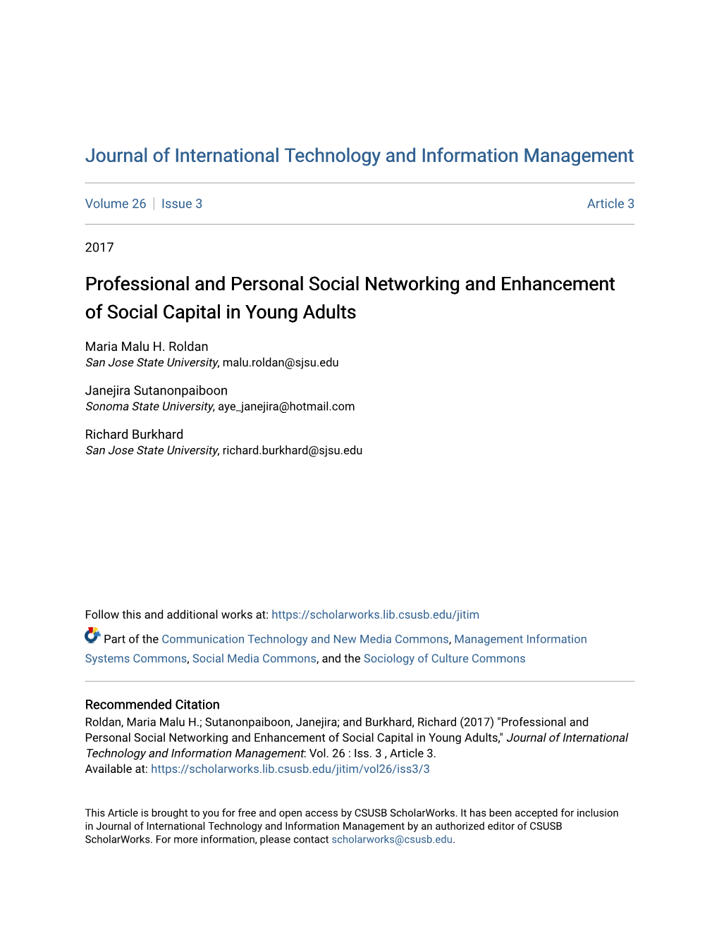 Professional and Personal Social Networking and Enhancement of Social Capital in Young Adults