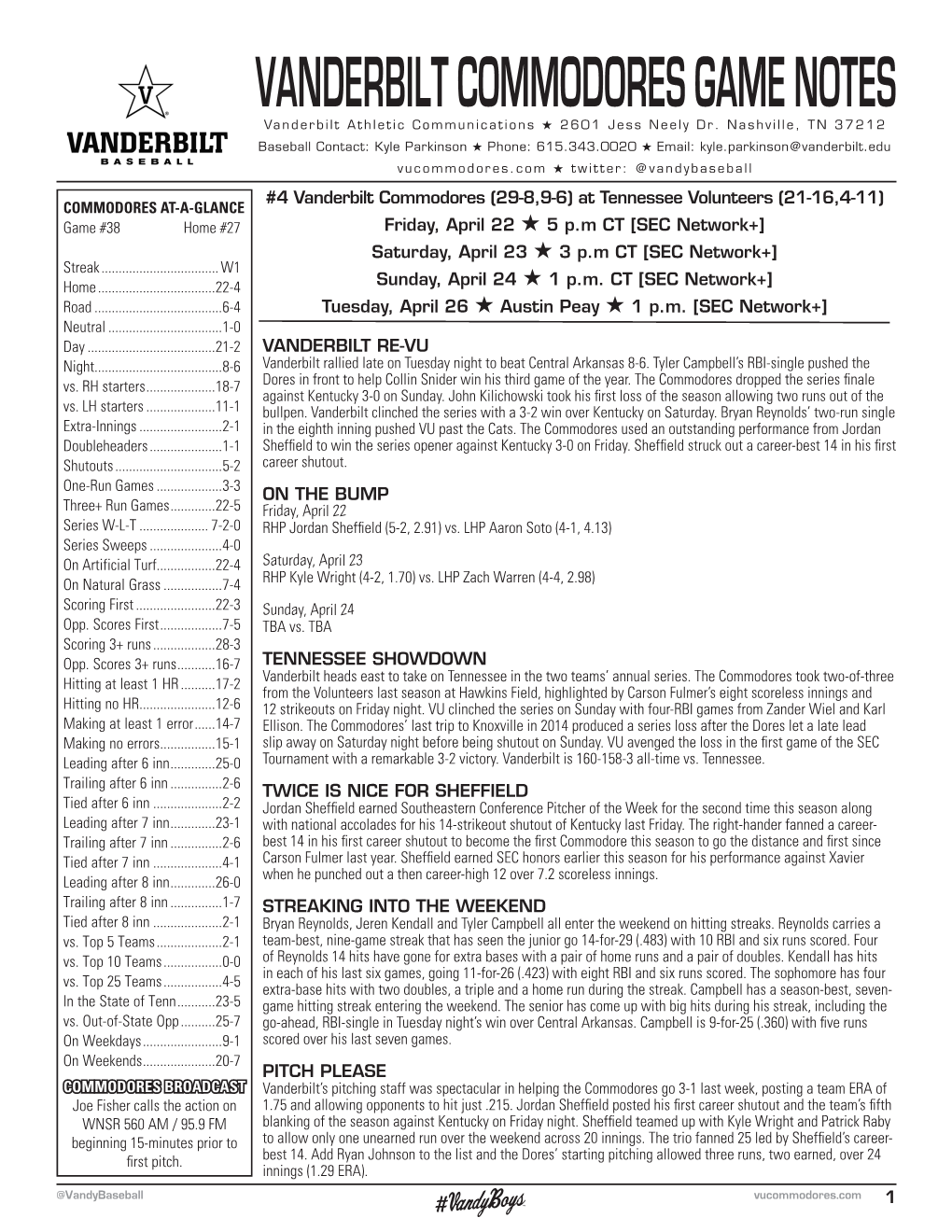 VANDERBILT COMMODORES GAME NOTES Vanderbilt Athletic Communications H 2601 Jess Neely Dr