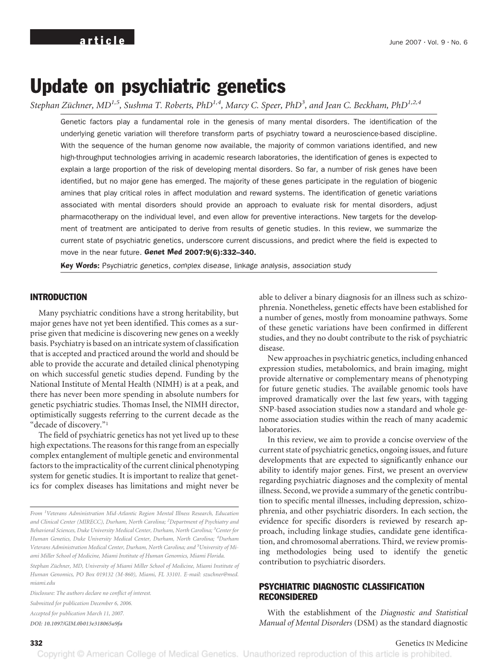 Update on Psychiatric Genetics Stephan Zu¨Chner, MD1,5, Sushma T