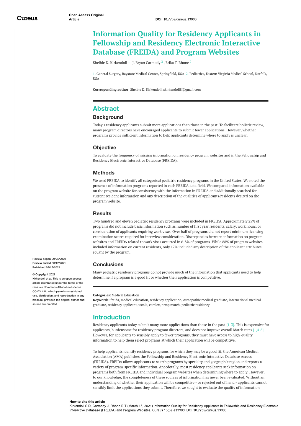 Information Quality for Residency Applicants in Fellowship and Residency Electronic Interactive Database (FREIDA) and Program Websites