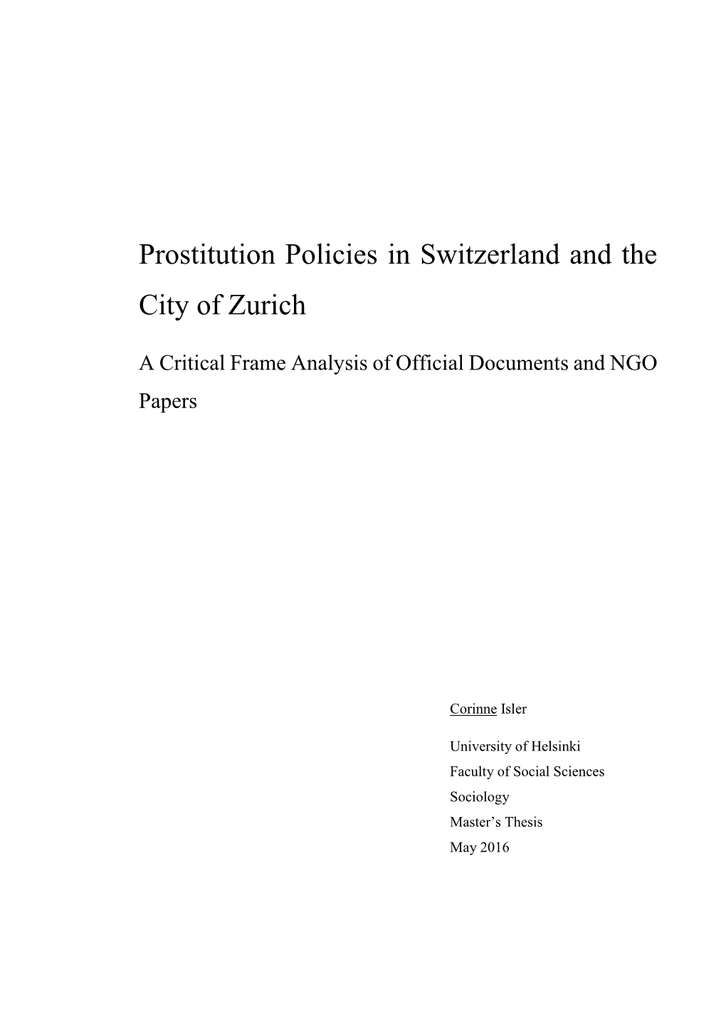 Prostitution Policies in Switzerland and the City of Zurich