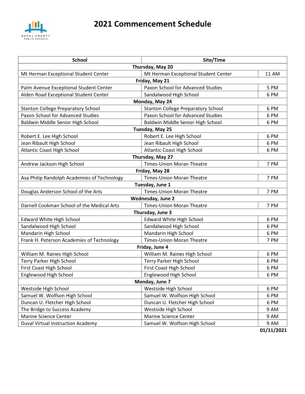 2021 Commencement Schedule