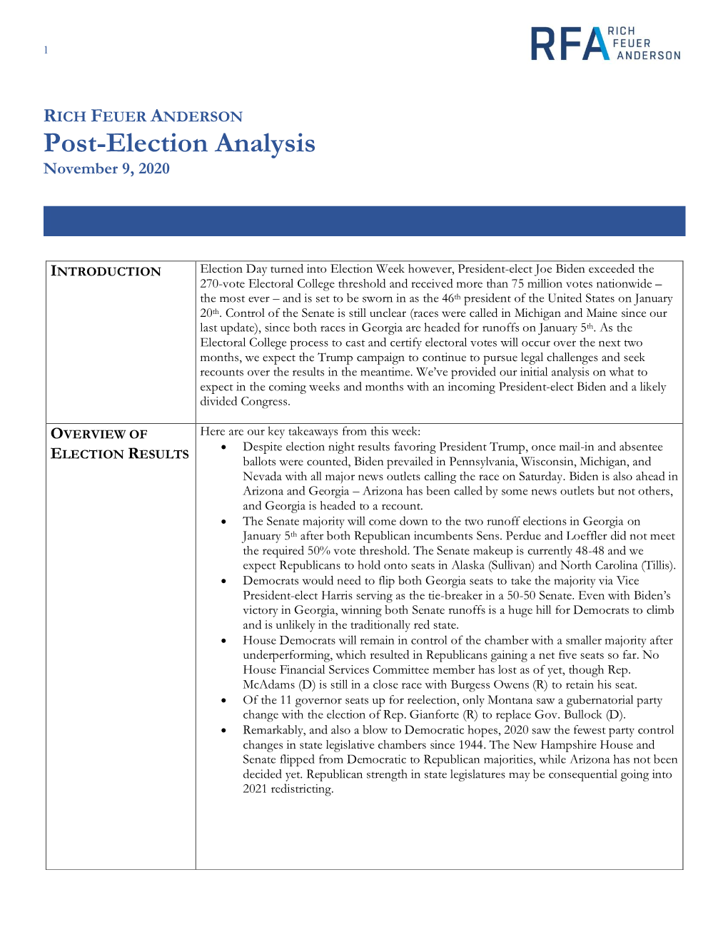 Post-Election Analysis November 9, 2020