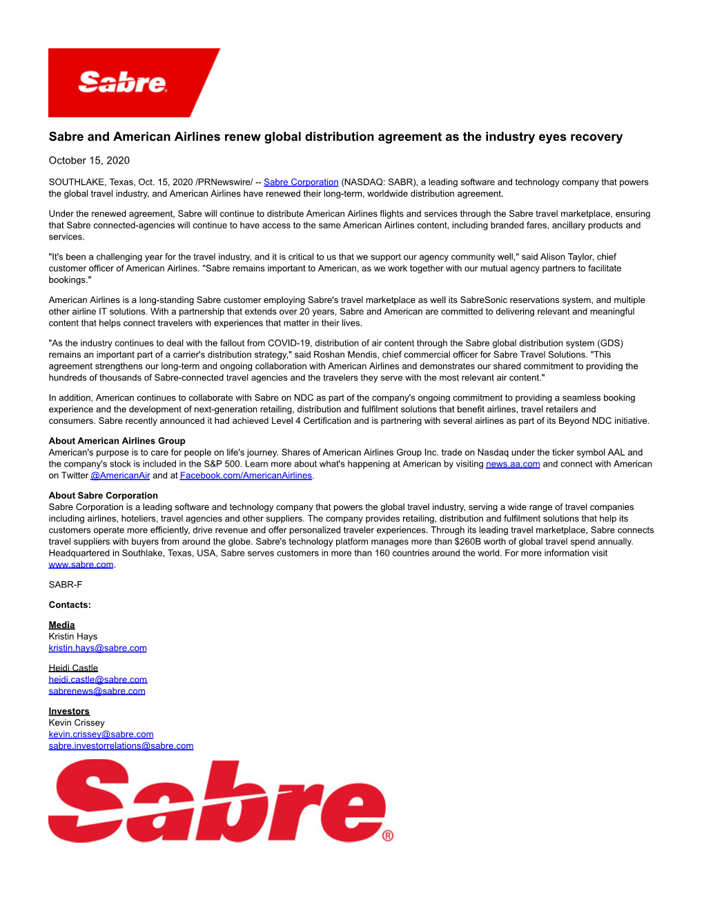 Sabre and American Airlines Renew Global Distribution Agreement As the Industry Eyes Recovery