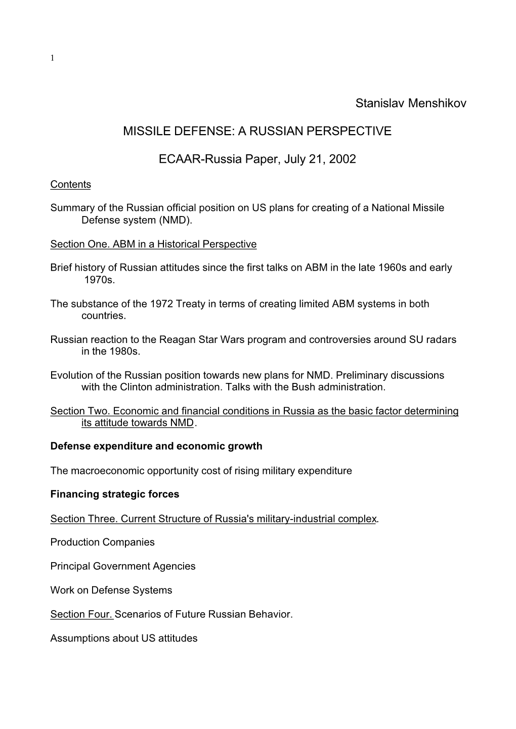 Stanislav Menshikov MISSILE DEFENSE: a RUSSIAN