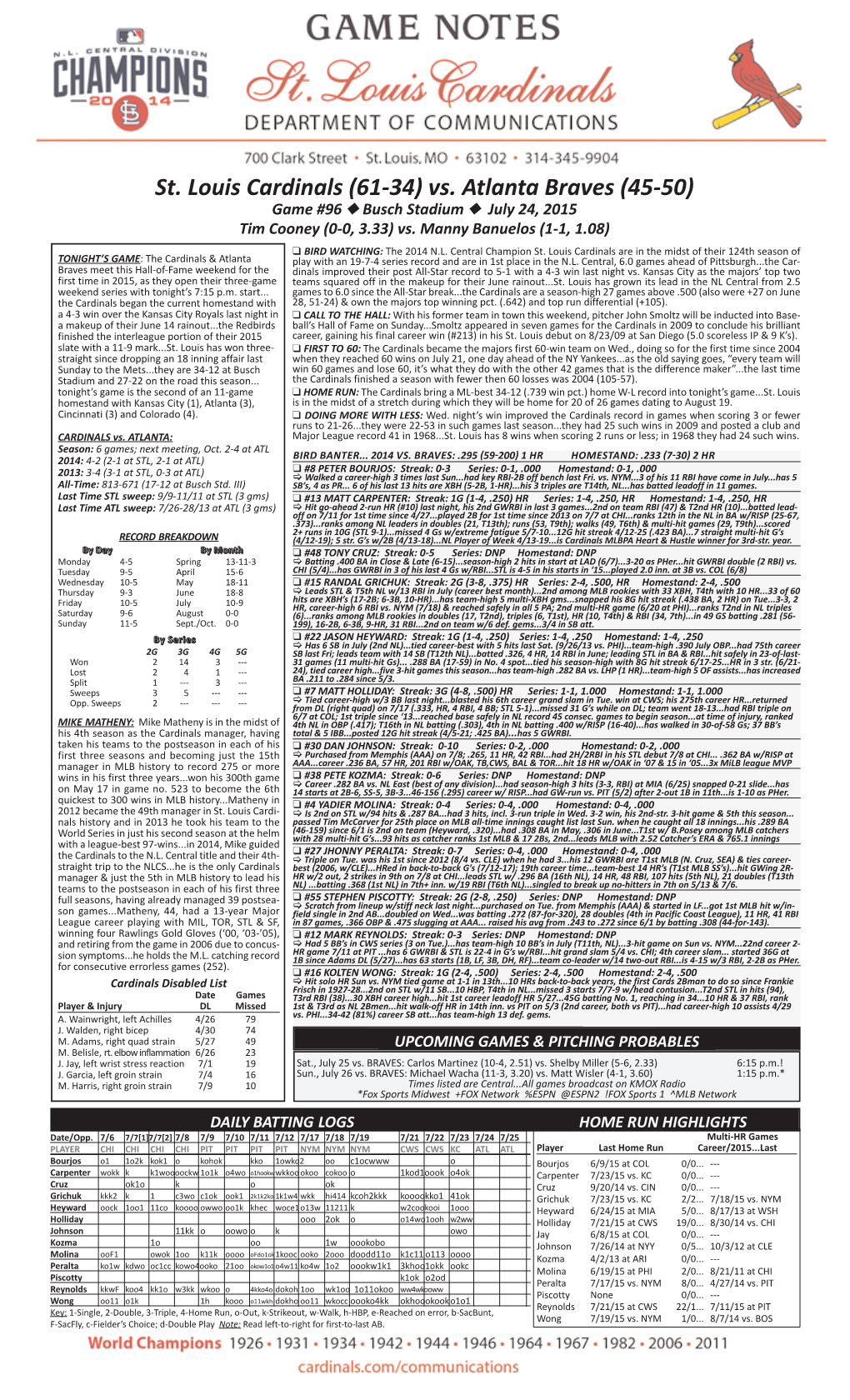 St. Louis Cardinals (61-34) Vs. Atlanta Braves (45-50) Game #96 N Busch Stadium N July 24, 2015 Tim Cooney (0-0, 3.33) Vs