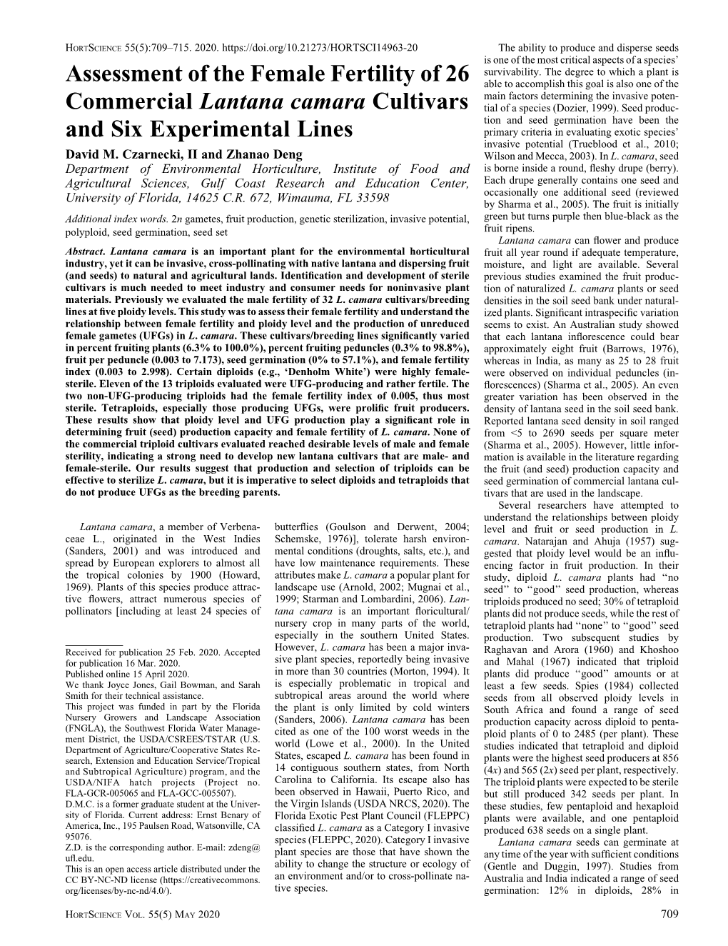 Assessment of the Female Fertility of 26 Commercial Lantana Camara