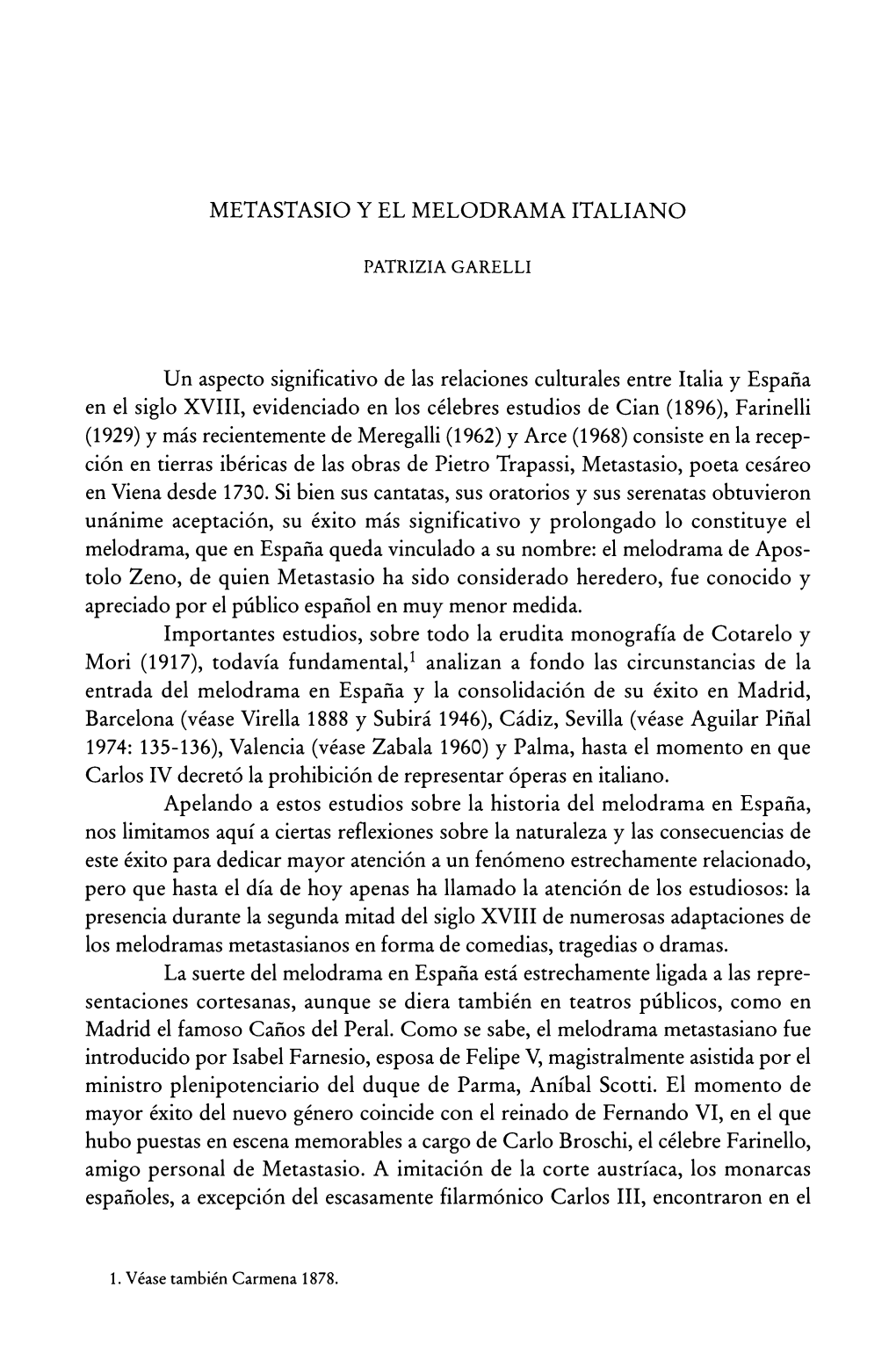 METASTASIO Y EL MELODRAMA ITALIANO Un Aspecto Significativo