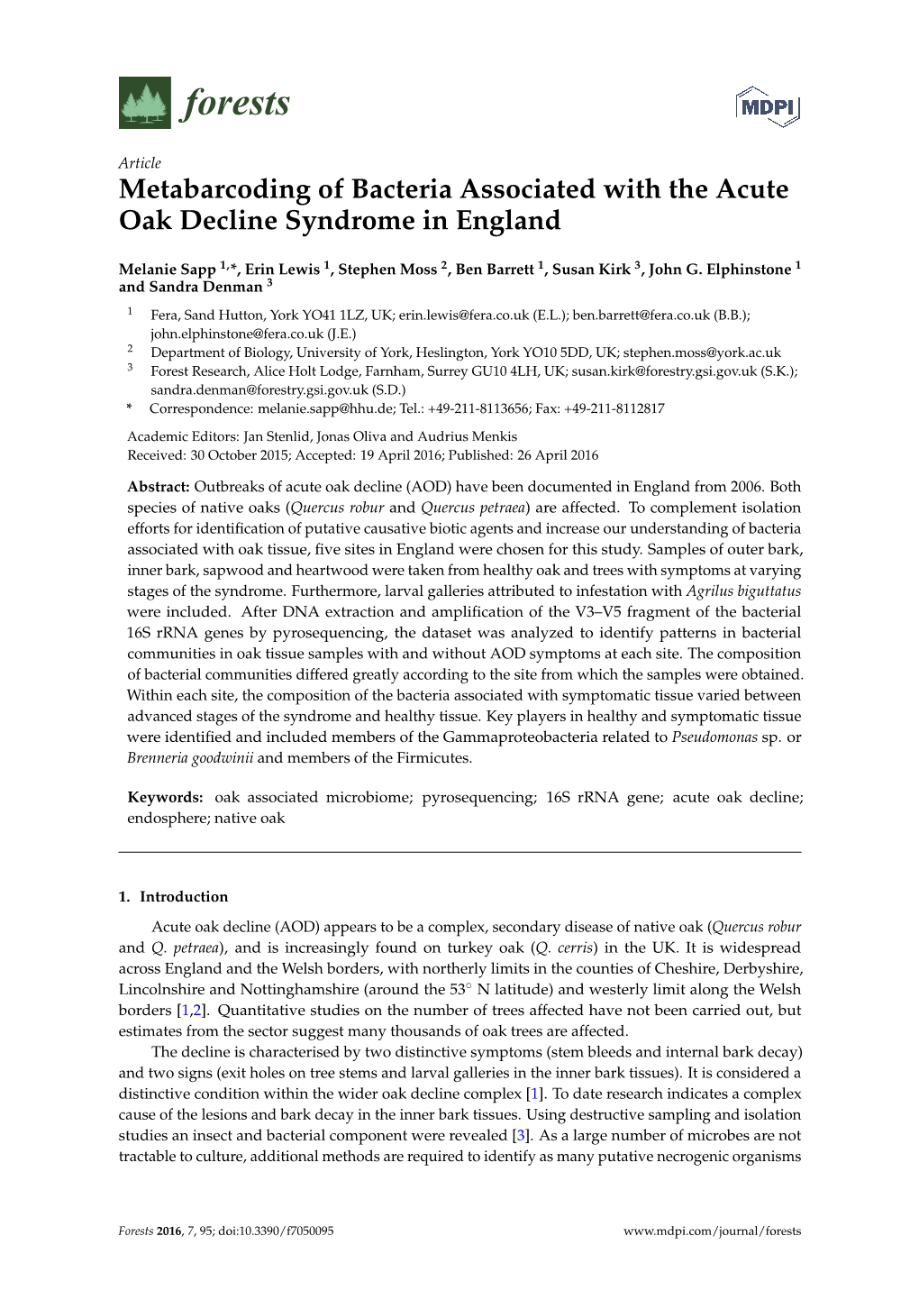 Metabarcoding of Bacteria Associated with the Acute Oak Decline Syndrome in England