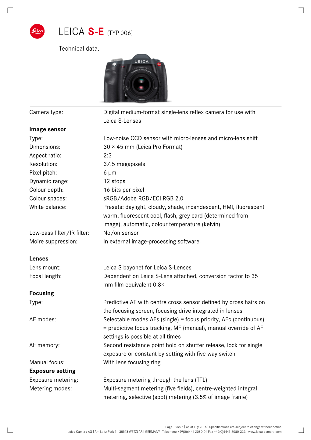 Technical Data LEICA S-E (Type 006)