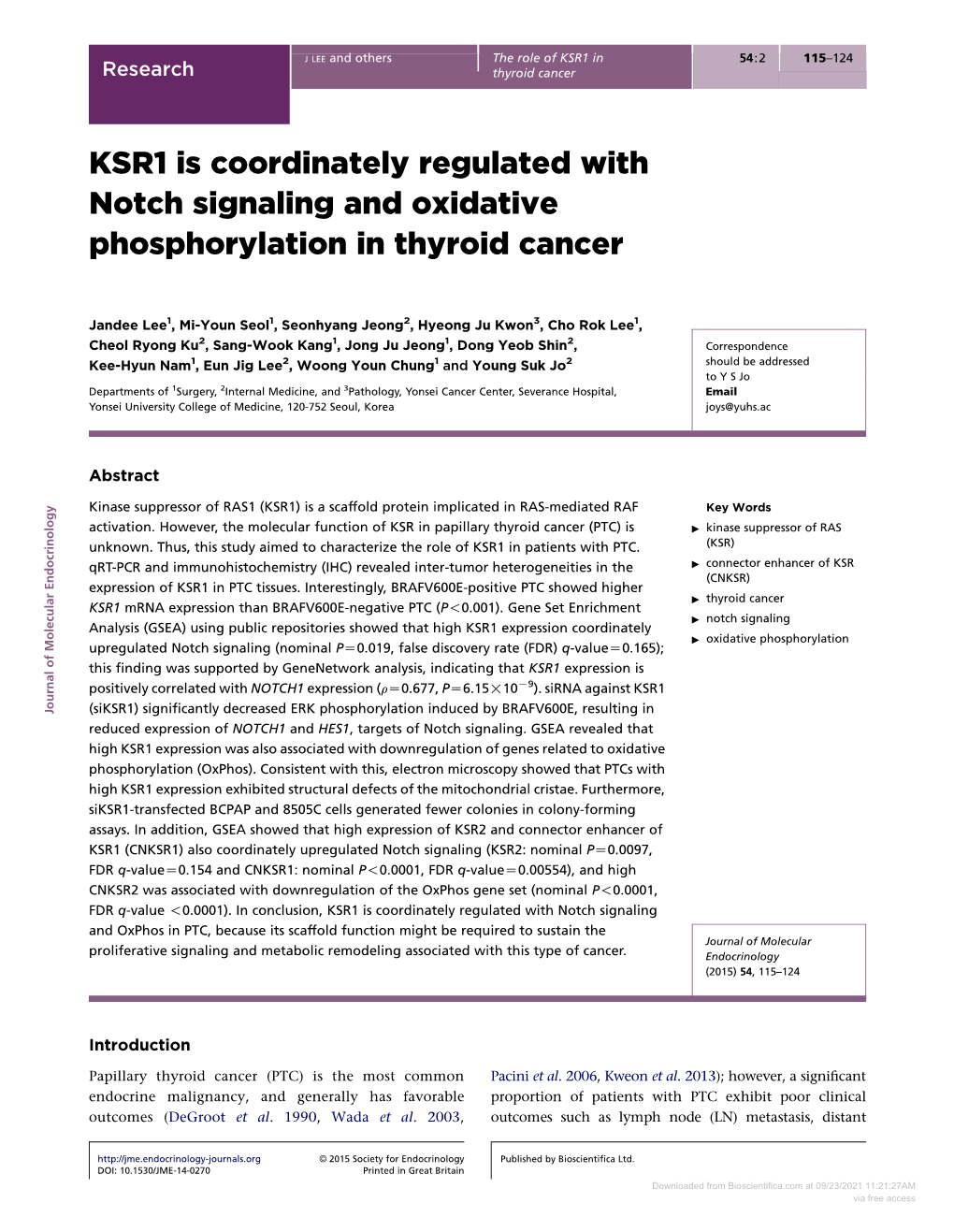 KSR1 Is Coordinately Regulated with Notch Signaling and Oxidative Phosphorylation in Thyroid Cancer