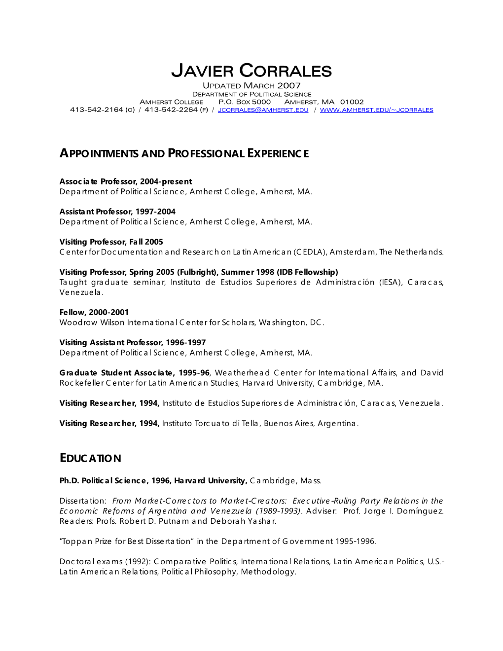 Javier Corrales Updated March 2007 Department of Political Science Amherst College P.O