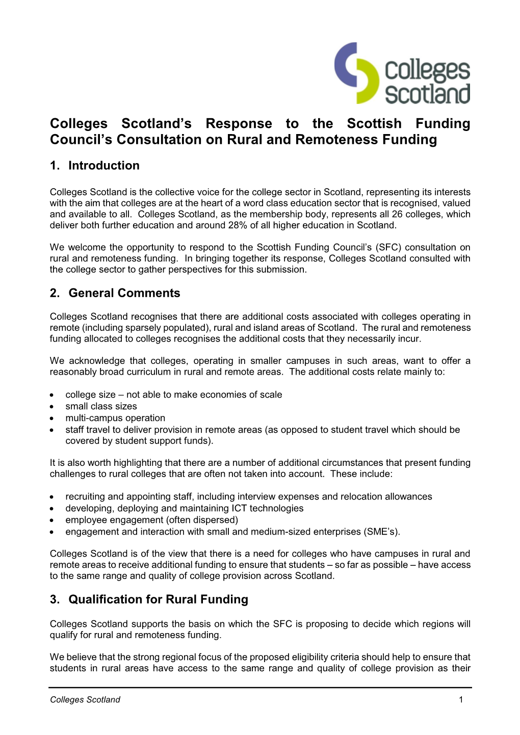 Colleges Scotland's Response to the Scottish Funding Council's Consultation on Rural and Remoteness Funding
