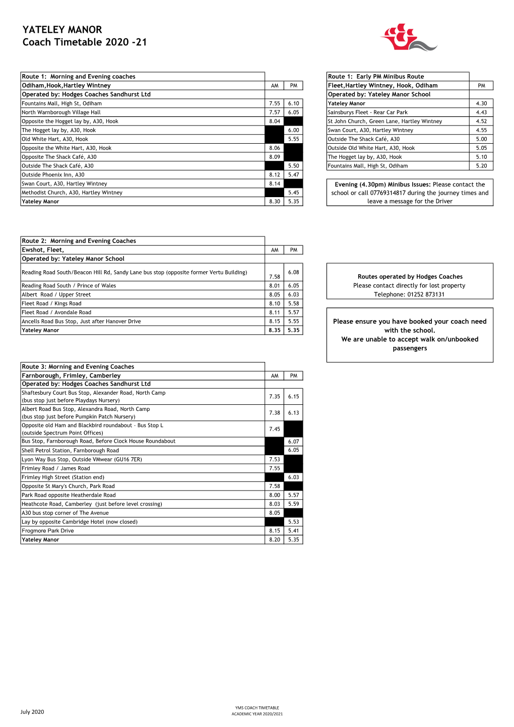 YATELEY MANOR Coach Timetable 2020 -21